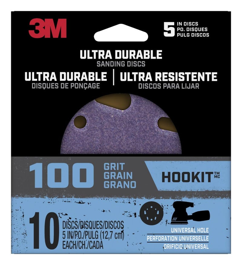 3M Ultra Durable 5 inch Power Sanding Discs, Universal Hole, 100 Grit, 10/Pack - Image 1